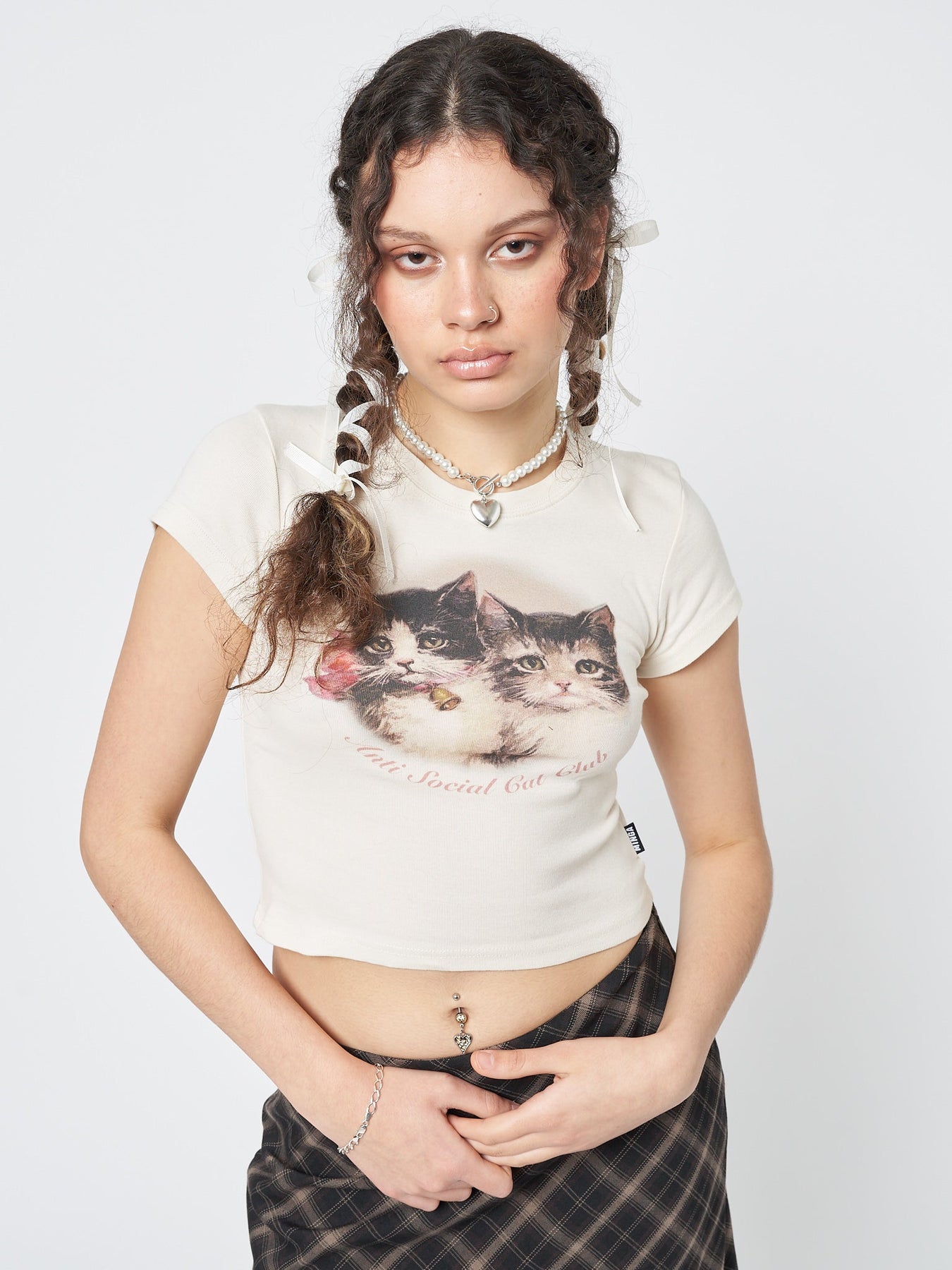 Minga London Anti Social Cat Club Ecru Baby Tee *WOMEN Graphic Tees