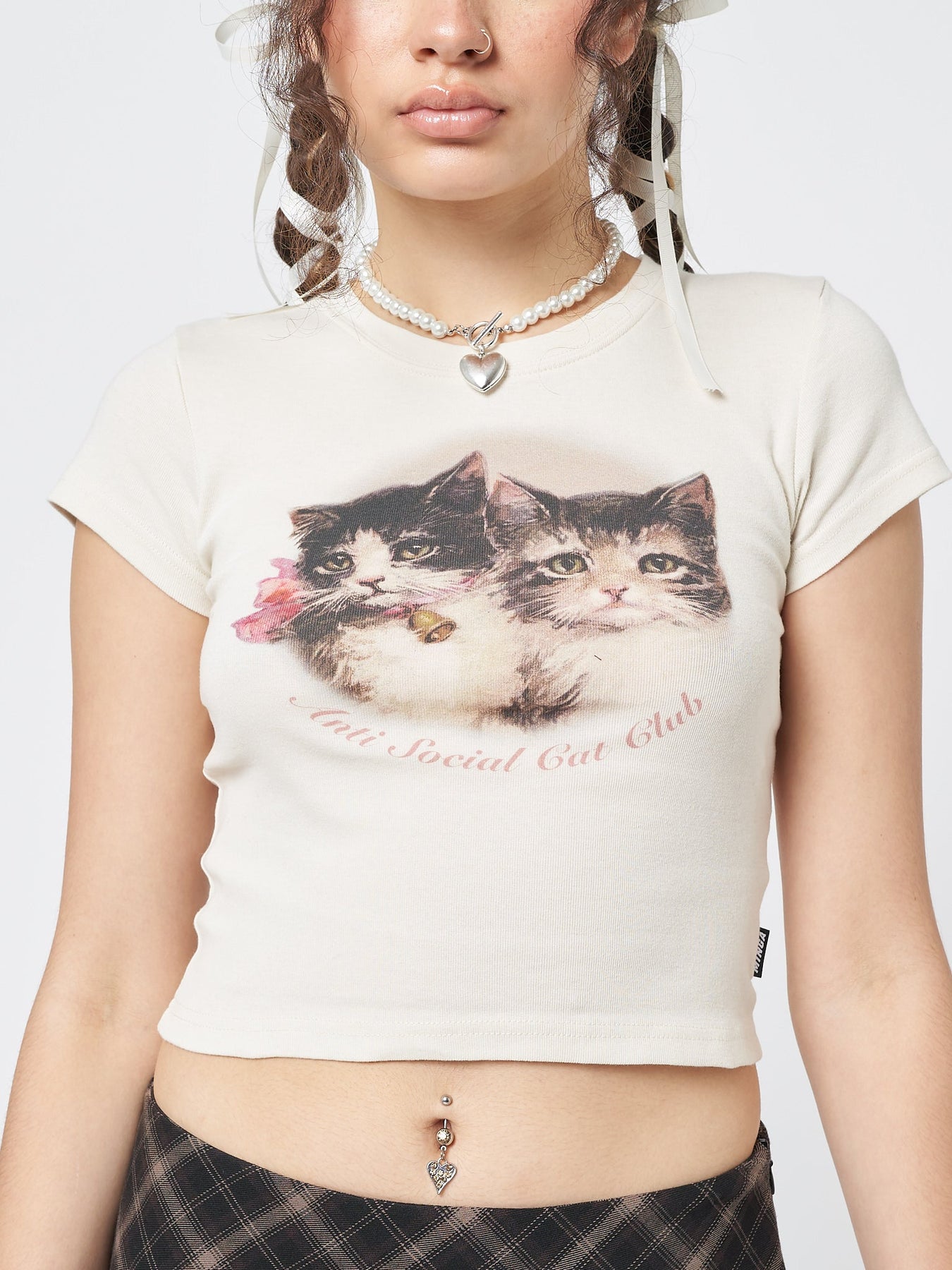 Minga London Anti Social Cat Club Ecru Baby Tee *WOMEN Graphic Tees