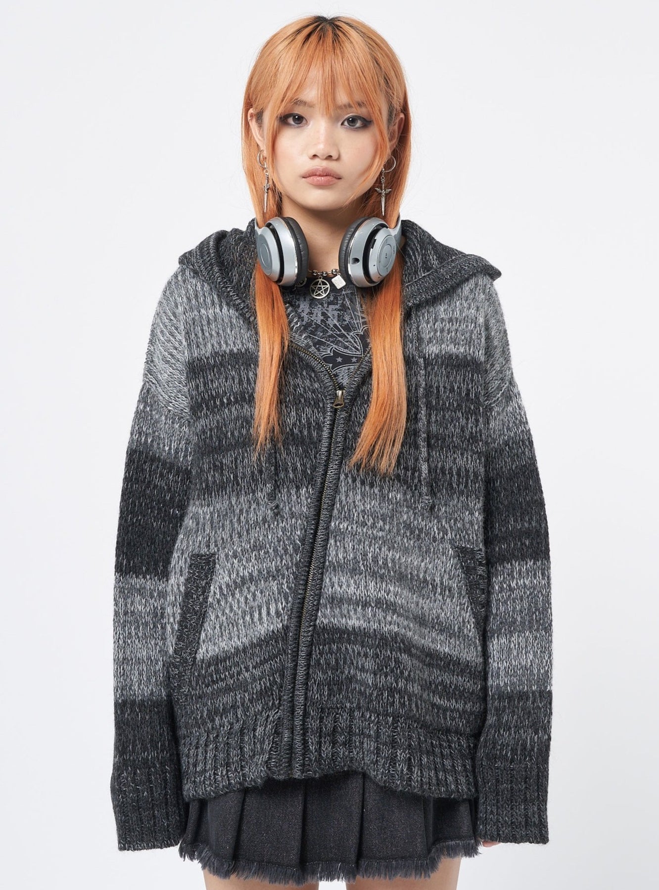 Minga London Carbon Zip Up Hood Knit Cardigan Grey*WOMEN Hoodies