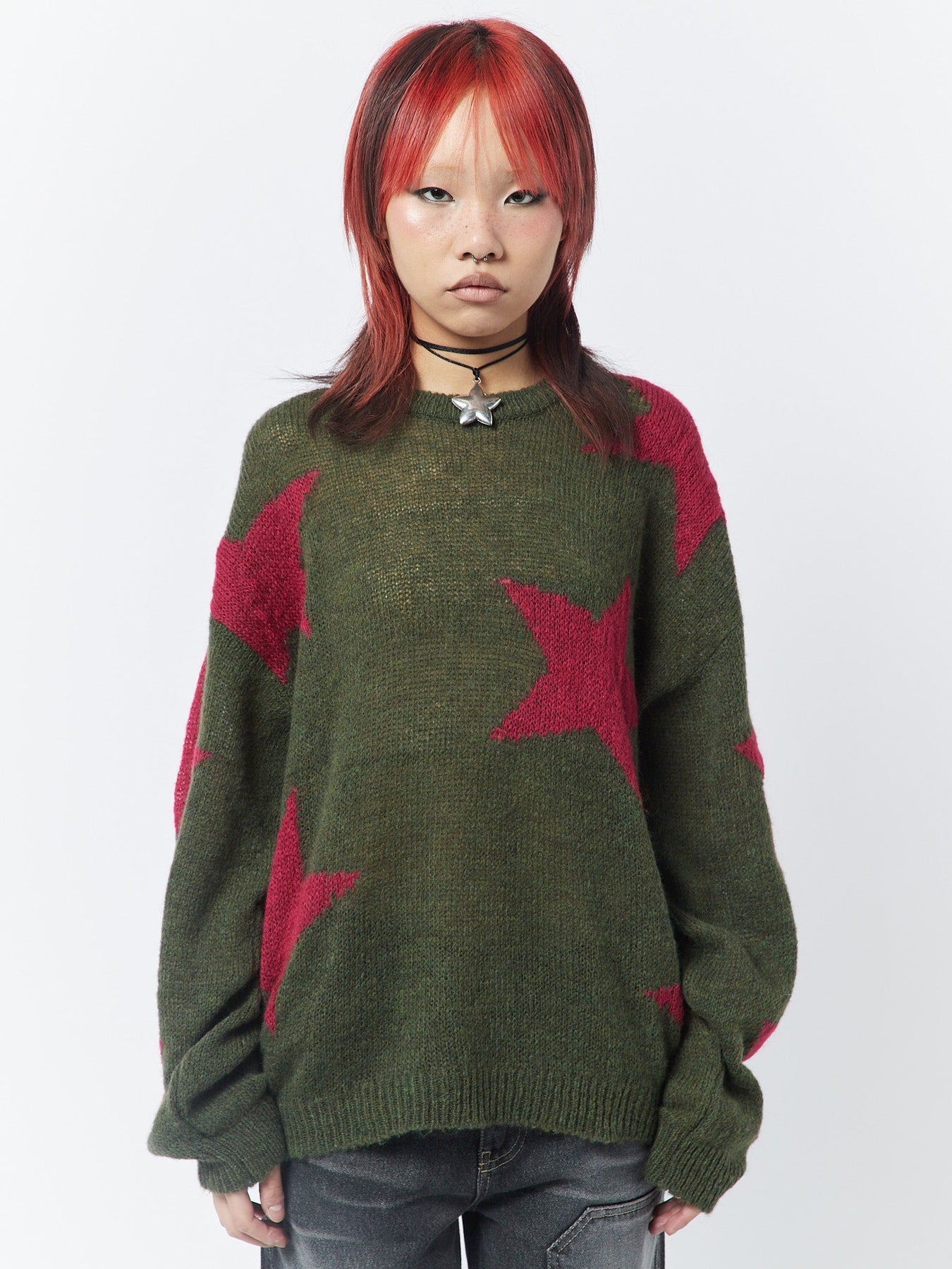 Minga London Interstellar Star Pink Khaki Knit Sweater *WOMEN Knitted Sweaters