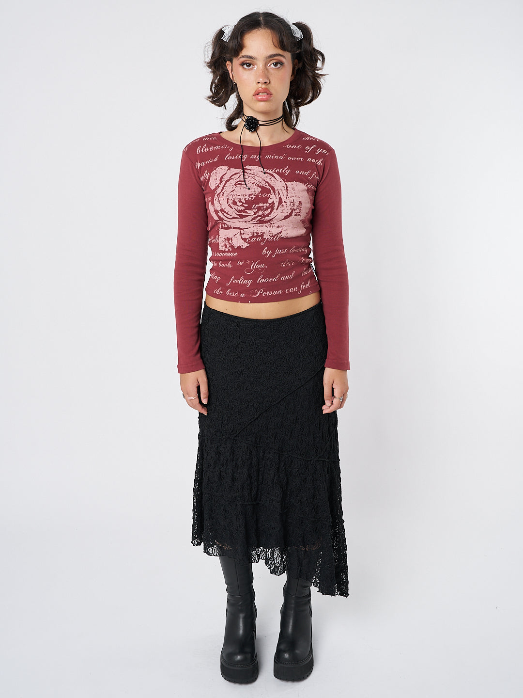 Minga London Lost Rose Graphic Top Burgundy*WOMEN Long Sleeve Tops