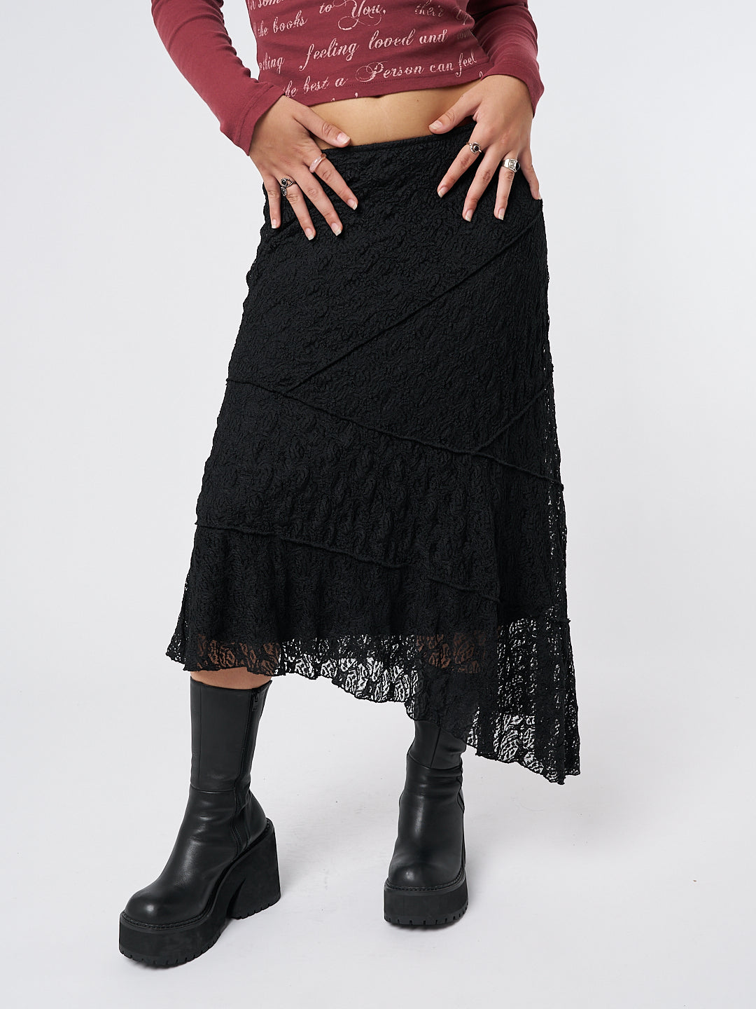 Minga London Nolia Lace Asymmetric Midi Skirt Black*WOMEN Skirts