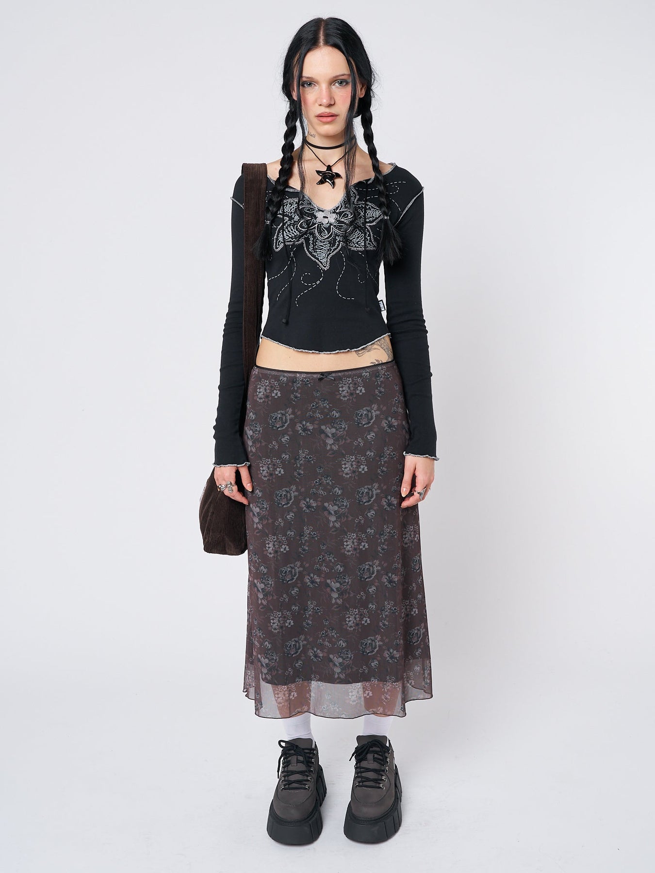 Minga London Pearl Floral Print Midi Skirt Brown*WOMEN Skirts