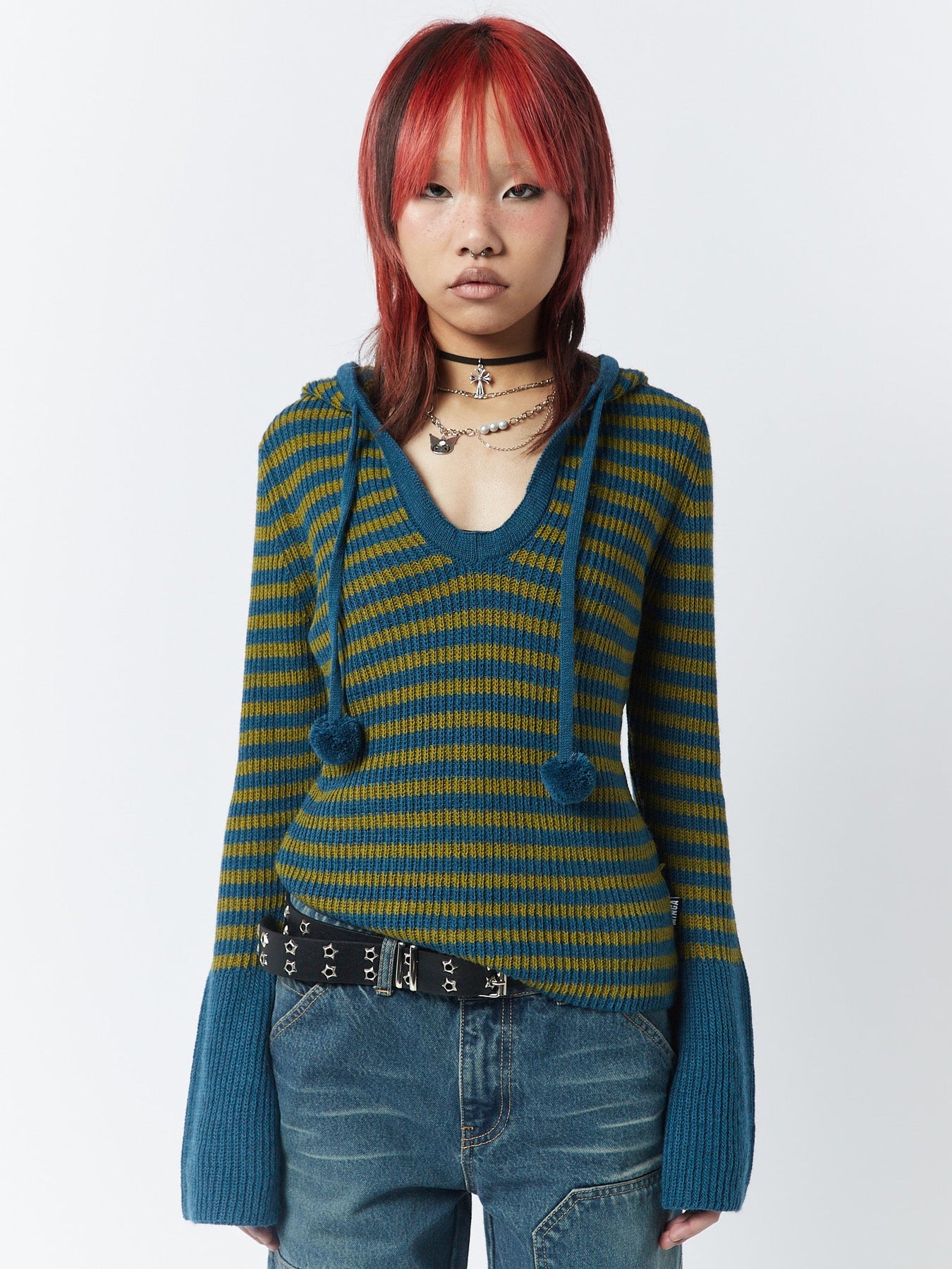 Minga London Regina Green & Knitted Hoodie Blue*WOMEN Knitted Sweaters