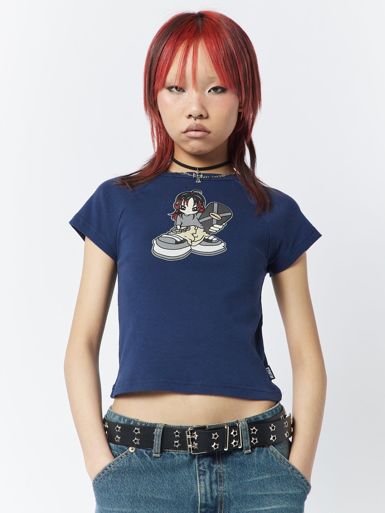 Minga London Skater Girl Graphic Blue Baby Tee *WOMEN Graphic Tees