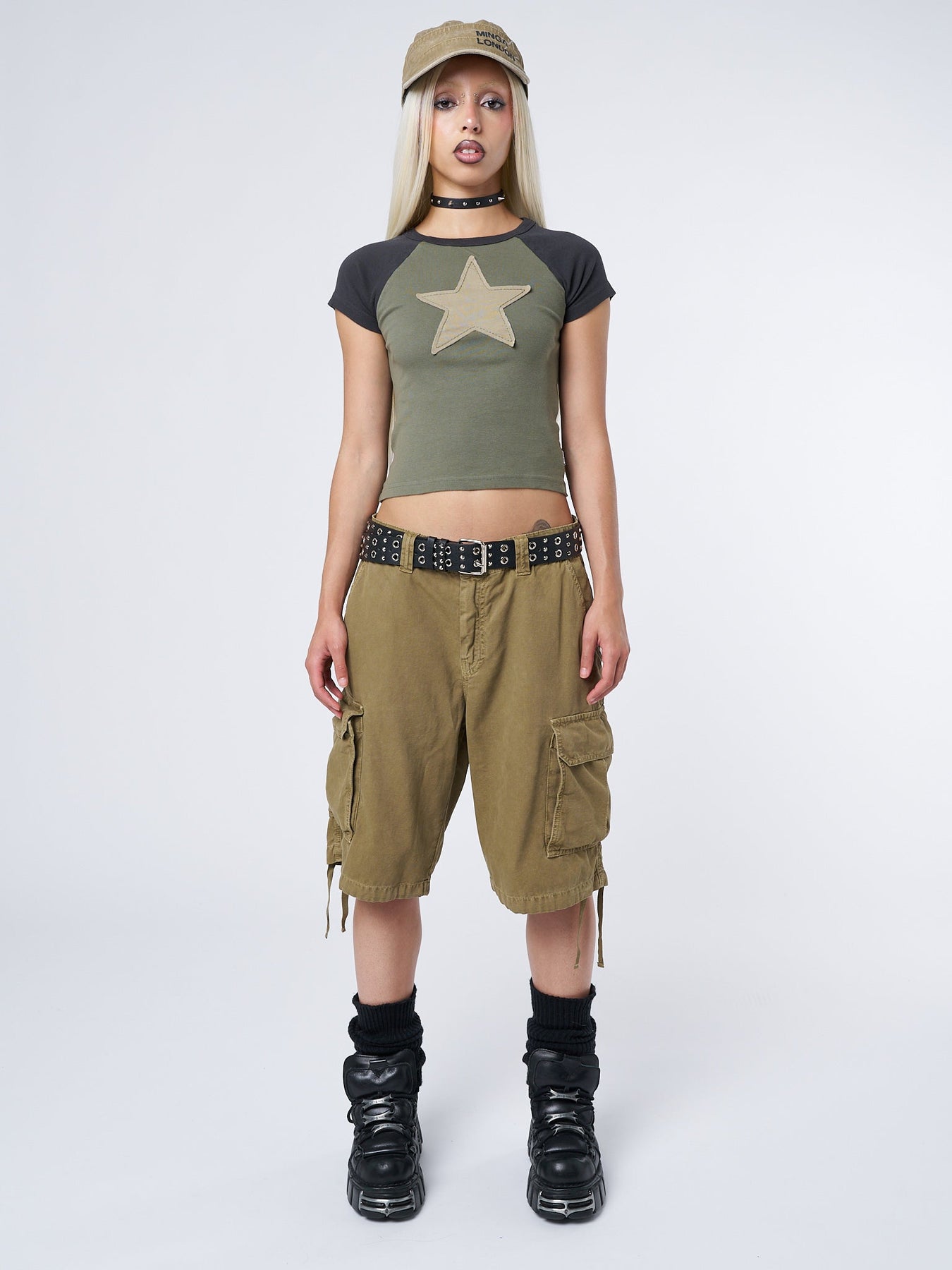 Minga London Starlight Khaki Raglan Baby Tee Green*WOMEN Crop Tops