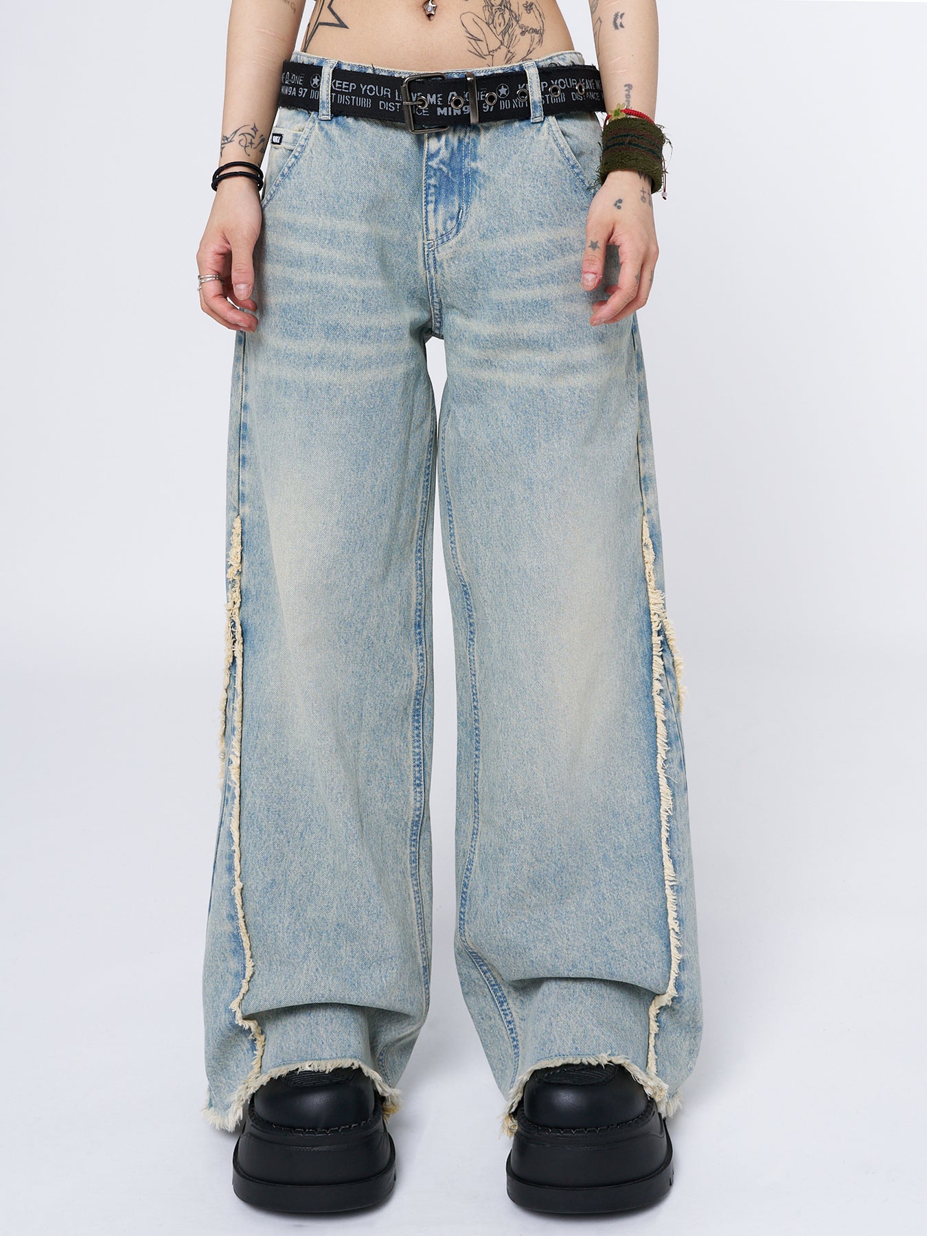 Minga London Zoe Washed Distressed Wide Leg Jeans Blue*WOMEN Jeans