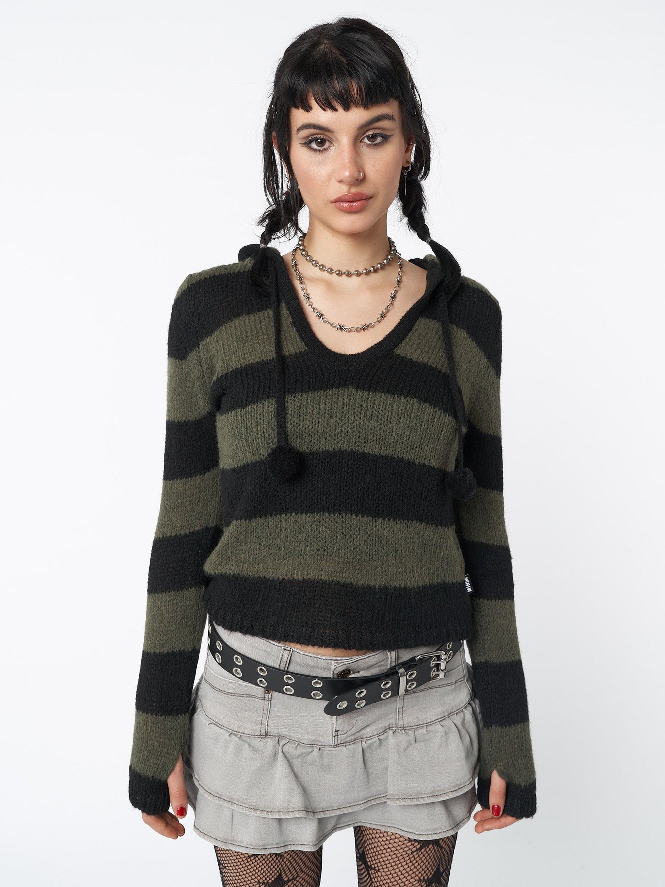 Minga London Forest Stripes Knitted Hoodie Green*WOMEN Knitted Sweaters