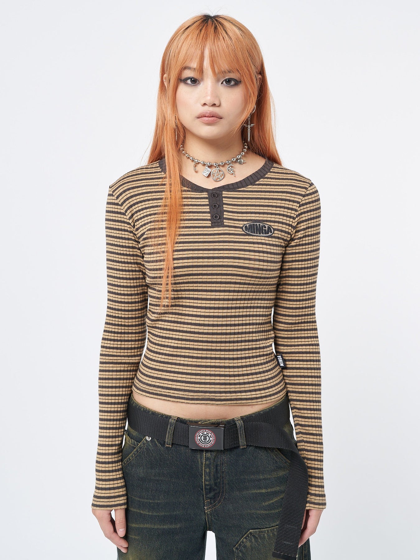 Minga London ie Half Button Striped Rib Top Brown*WOMEN Long Sleeve Tops