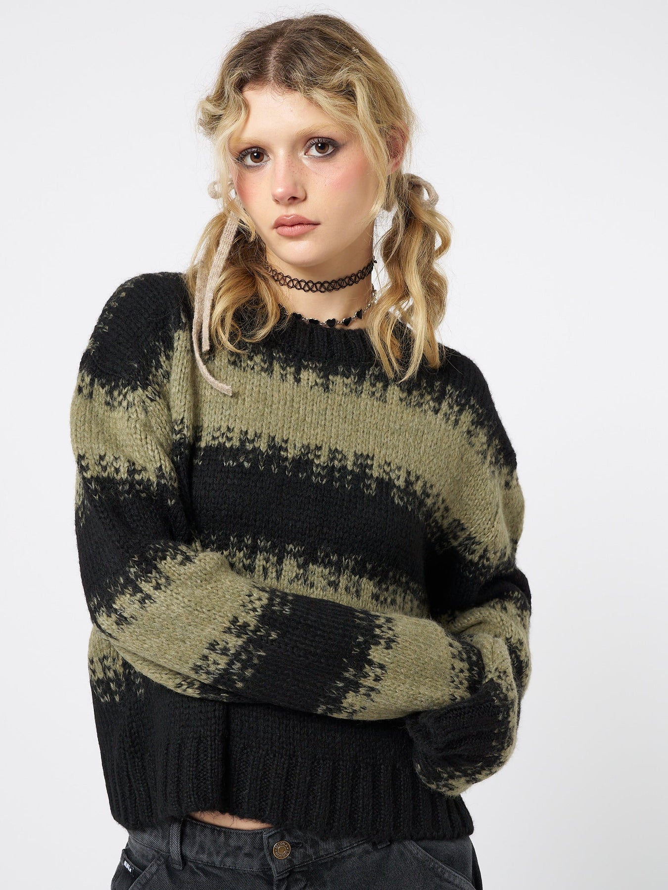 Minga London Clara Cropped Striped Knit Sweater Green*WOMEN Knitted Sweaters