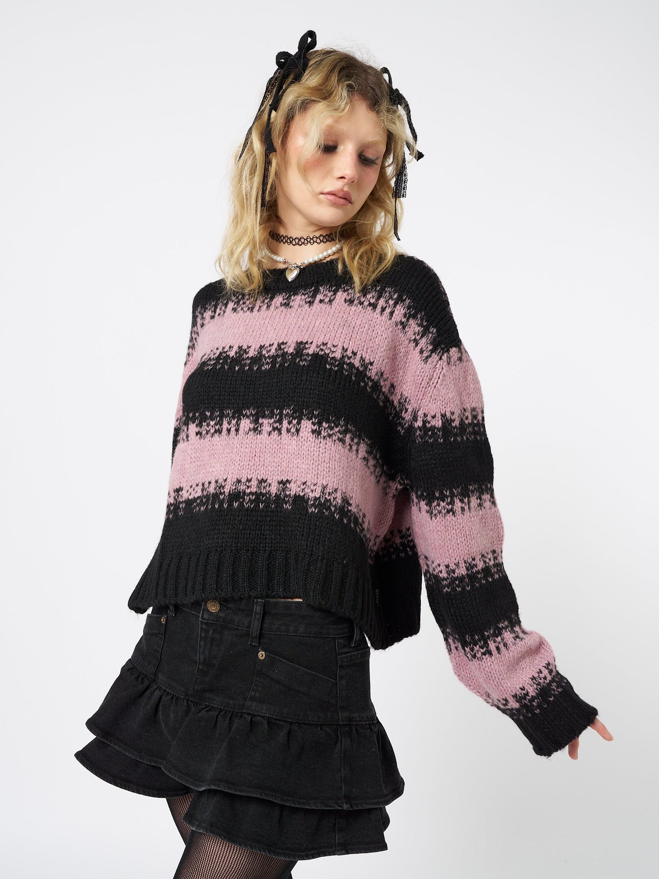 Minga London Clara Cropped Striped Knit Sweater Pink*WOMEN Knitted Sweaters