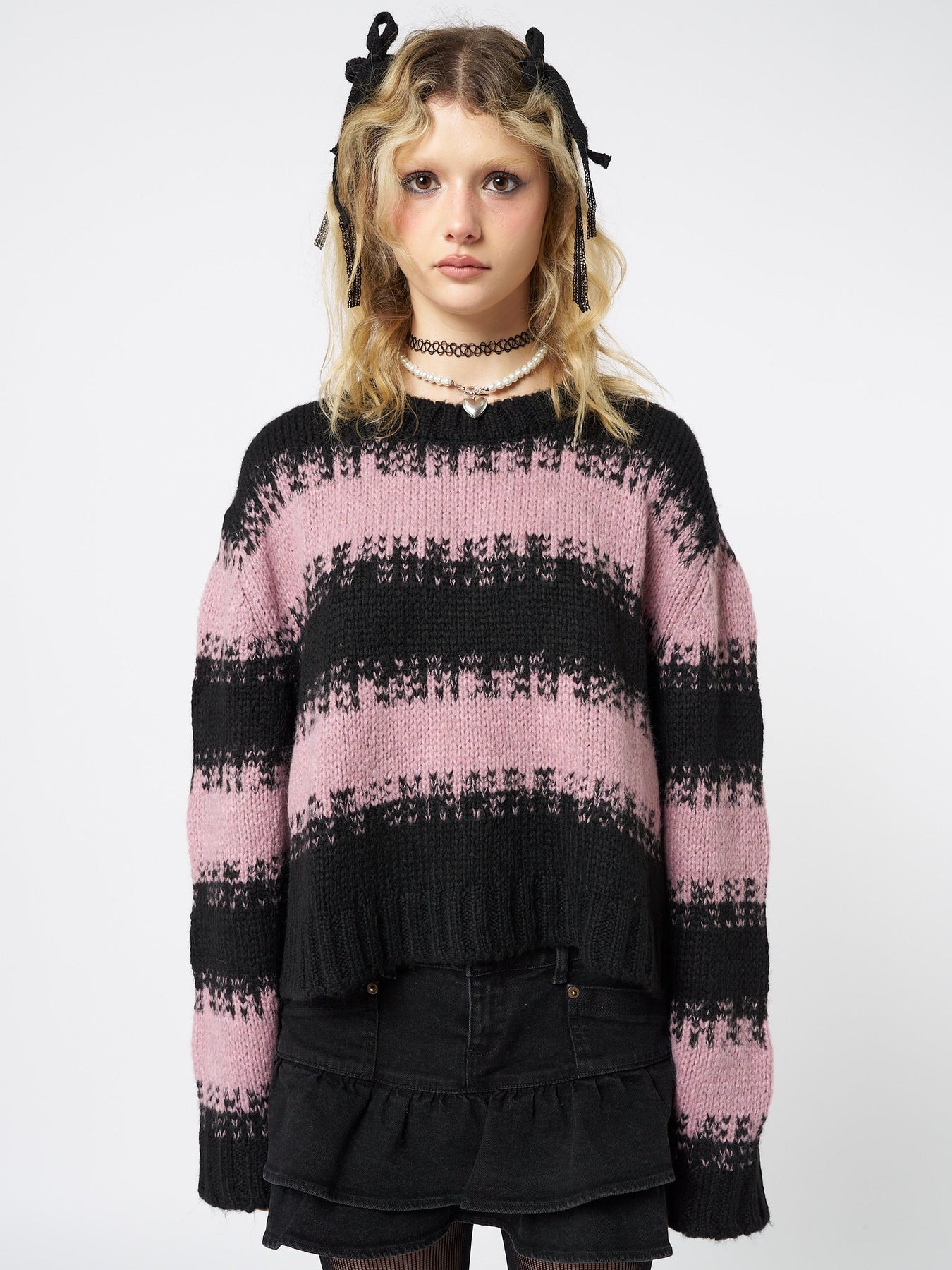 Minga London Clara Cropped Striped Knit Sweater Pink*WOMEN Knitted Sweaters