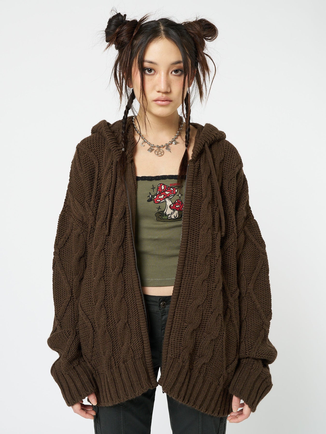 Minga London Eli Zip Up Cable Knit Cardigan Brown*WOMEN Cardigans