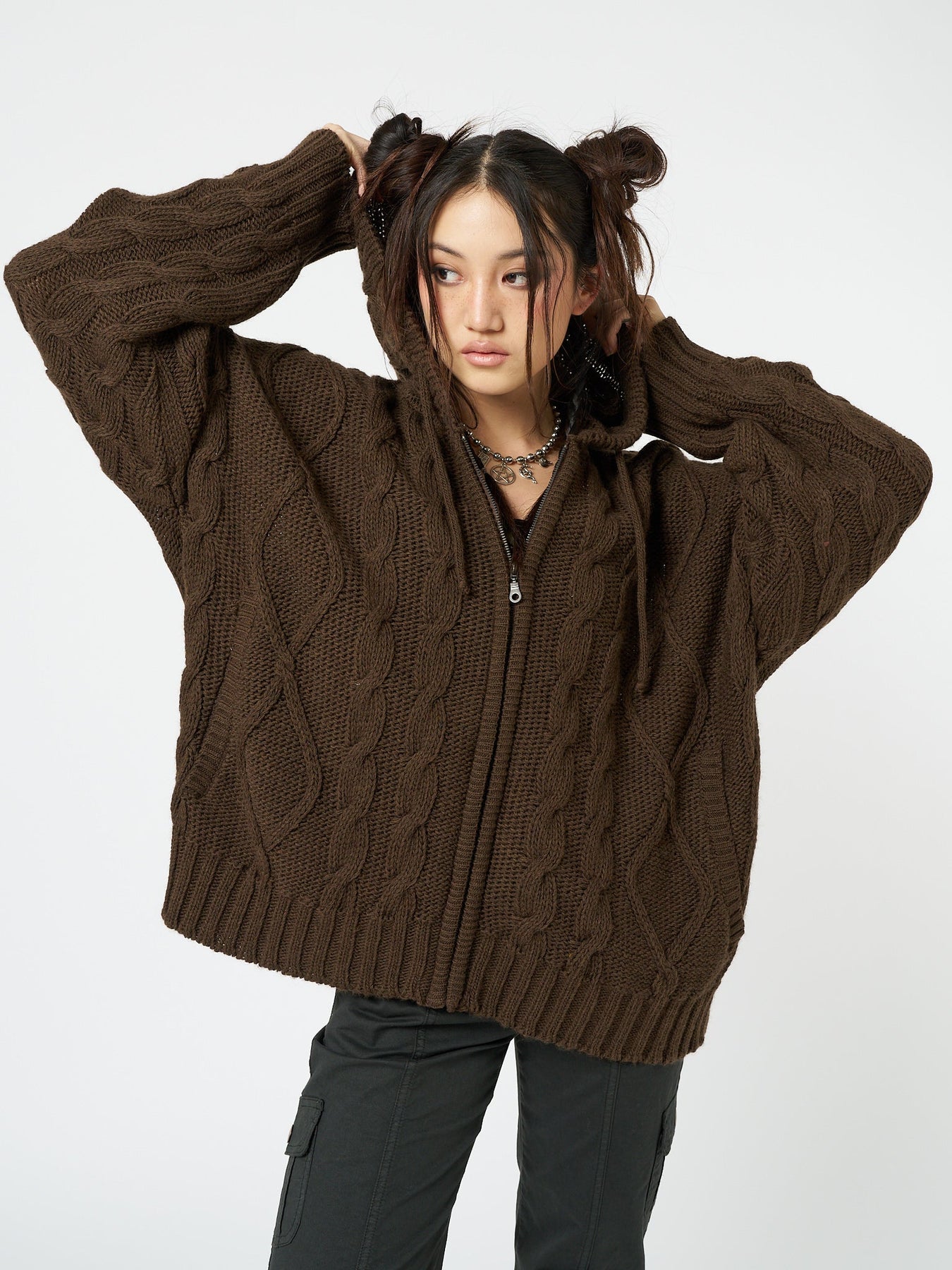 Minga London Eli Zip Up Cable Knit Cardigan Brown*WOMEN Zip Up Hoodies