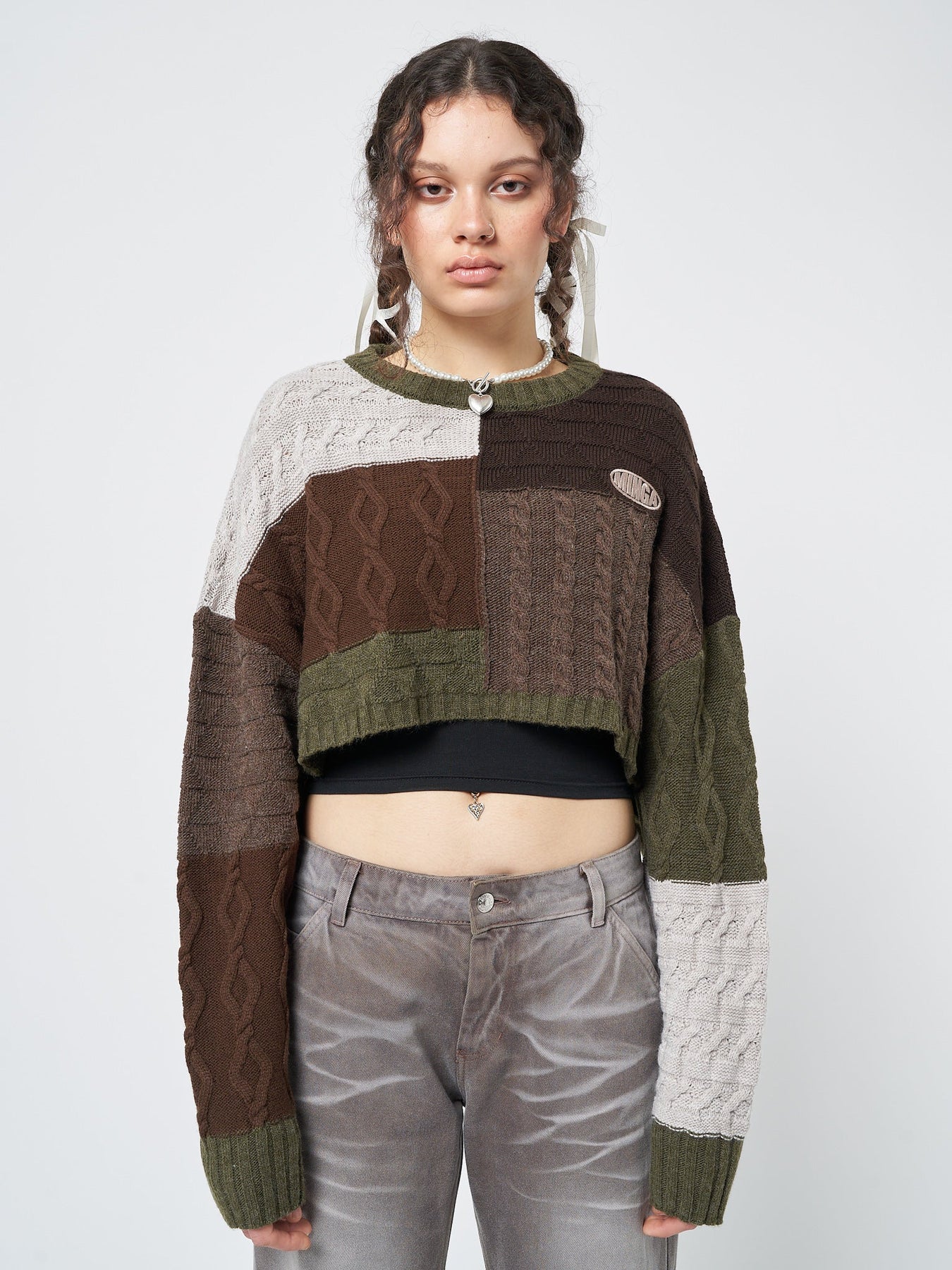 Minga London Gigi Patchwork Cable Knit Crop Jumper *WOMEN Knitted Sweaters