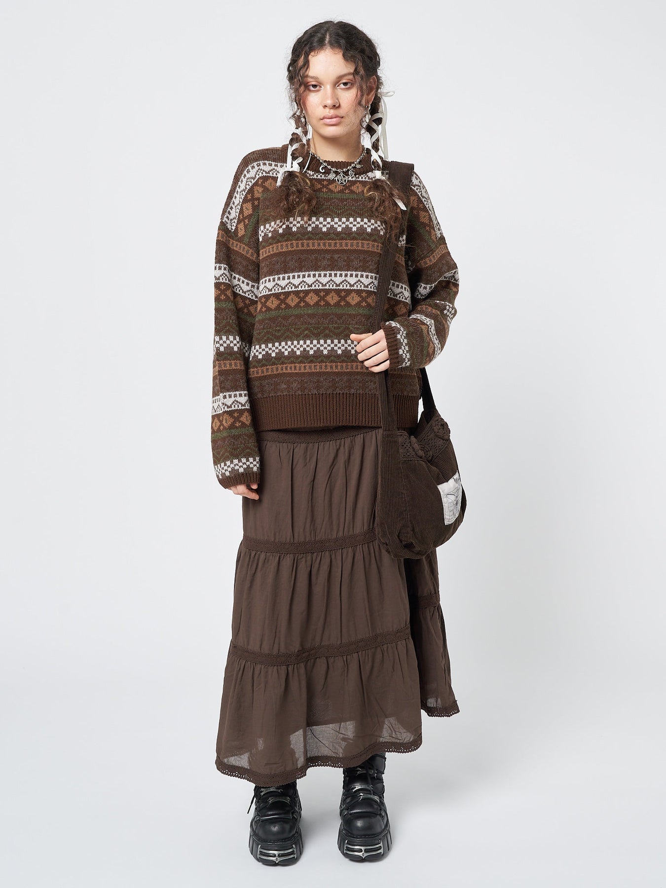 Minga London Grandma Jacquard Knit Jumper Brown*WOMEN Knitted Sweaters