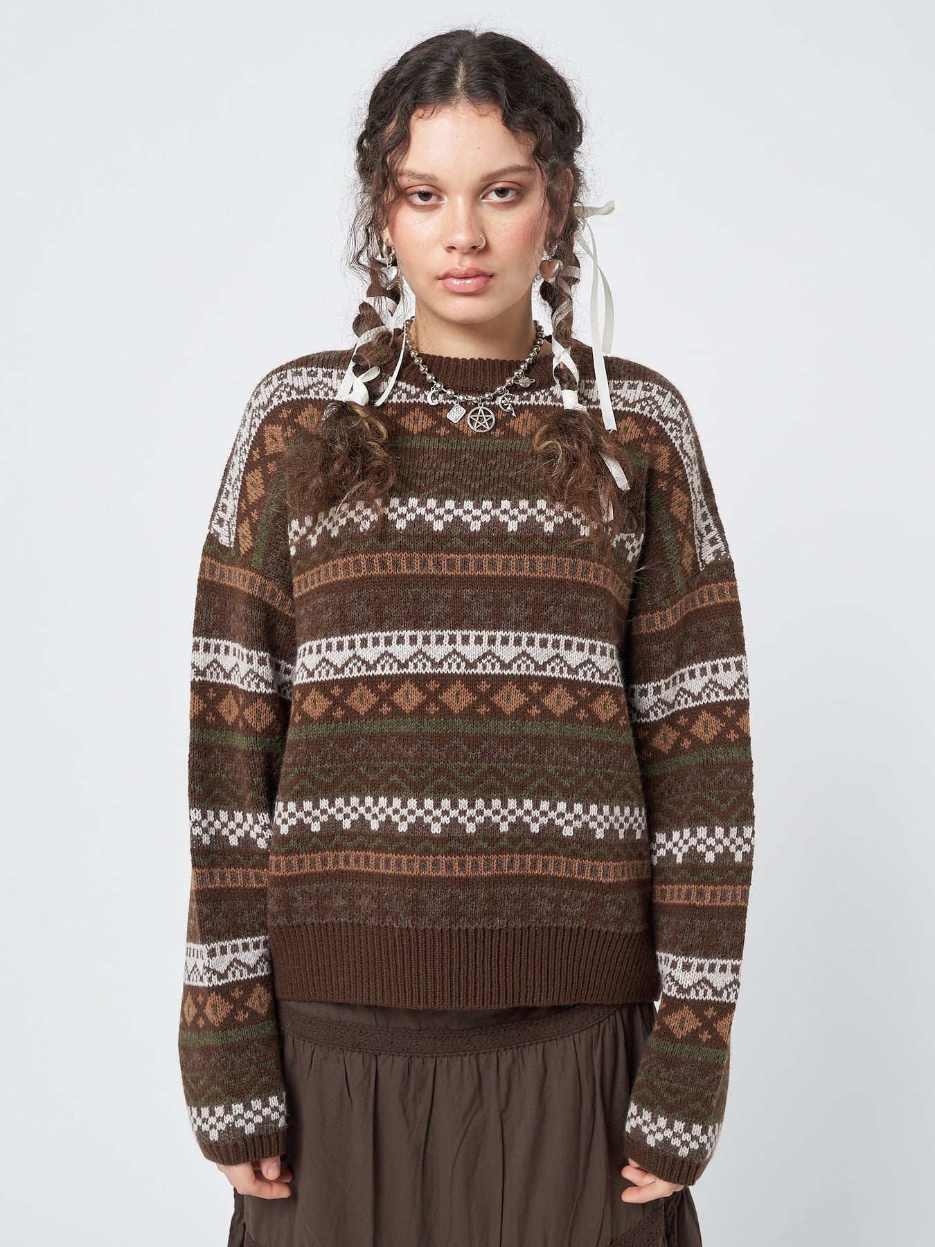 Minga London Grandma Jacquard Knit Jumper Brown*WOMEN Knitted Sweaters