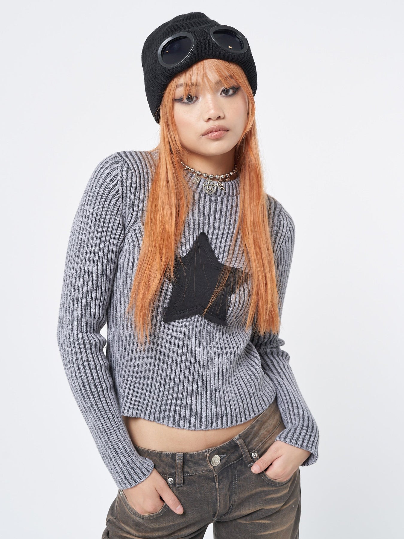 Minga London Star! Black Chunky Knit Jumper Grey*WOMEN Knitted Top