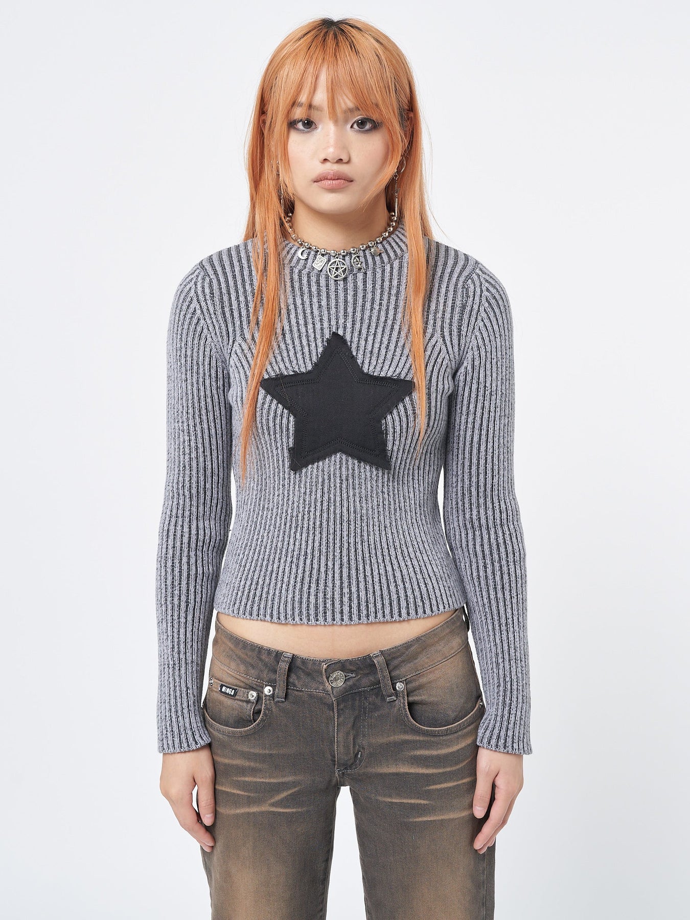 Minga London Star! Black Chunky Knit Jumper Grey*WOMEN Long Sleeve Tops